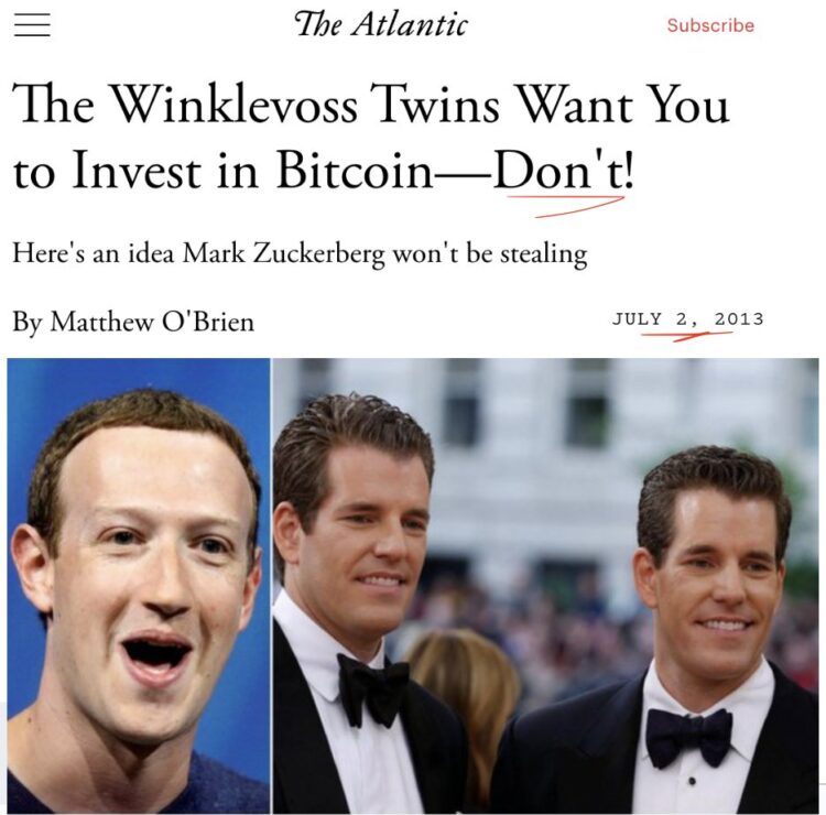 Quem ouviu os gêmeos Winklevoss em 2013 ganhou 80.000%