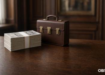Maleta e libras em mesa - doações cripto Reform UK