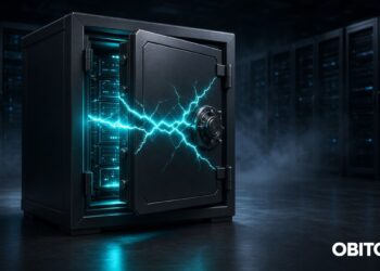 Cofre de aço rachado com luz ciano em data center escuro, ilustrando o hack da Bitget