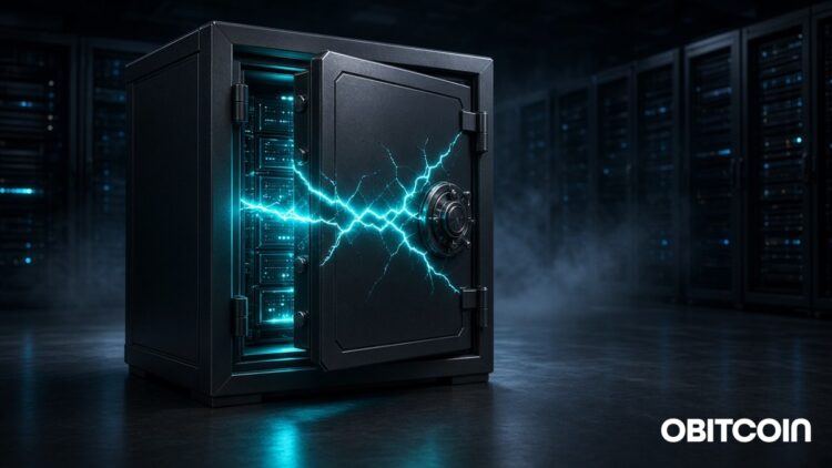 Cofre de aço rachado com luz ciano em data center escuro, ilustrando o hack da Bitget
